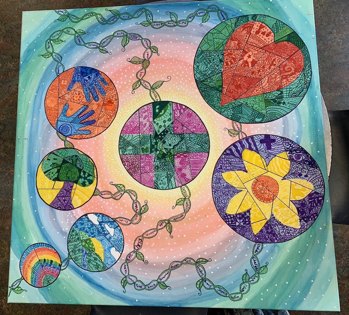 What maths can you notice, explore and talk about in this Yr 6 Graduation artwork? <a href="/holycrossglen/">Holy Cross Glenwood</a> <a href="/NumeracyNow/">NumeracyNow</a> <a href="/GervasoniAnn/">Ann Gervasoni</a>