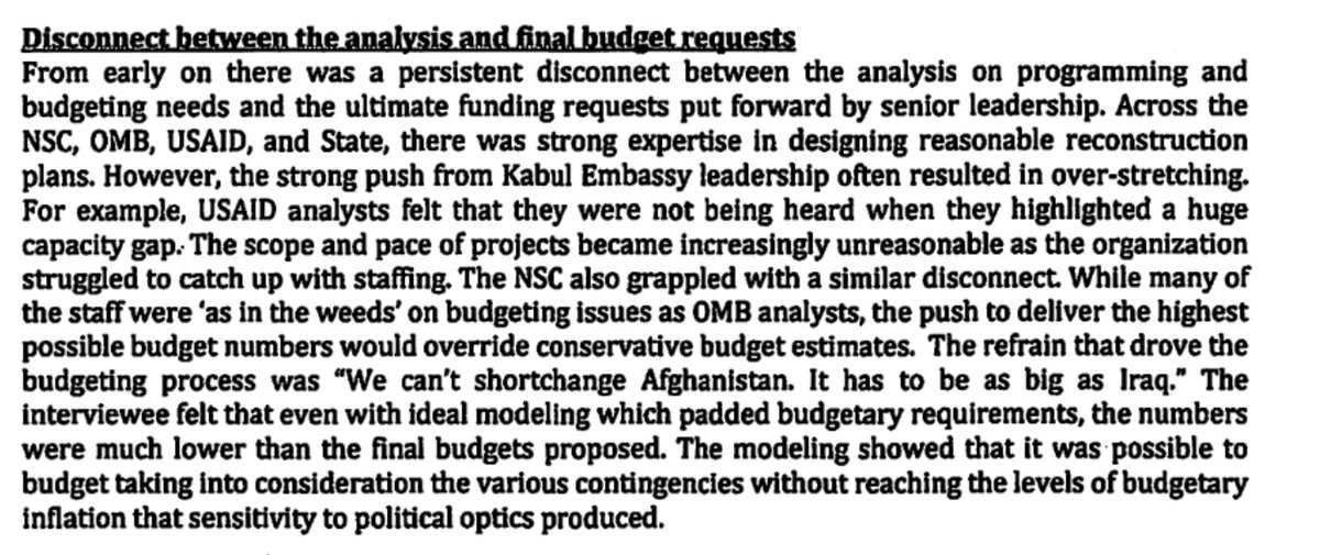 US budgeting official says that budget requests were driven by need to pay large staff and make sure that the war in Afghanistan was as expensive in Iraq. 100/n  https://www.washingtonpost.com/graphics/2019/investigations/afghanistan-papers/documents-database/?document=background_ll_01_xx_dc_04242015