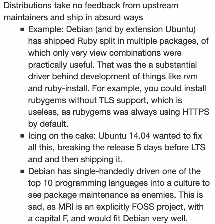 Twitter's alt text limit is too short to quote the first entire sub-bullet of this with any context, see https://lobste.rs/s/6ame3m/developers_shouldn_t_distribute_their#c_ozfhi8 for the comment I've quoted and https://lobste.rs/s/6ame3m/developers_shouldn_t_distribute_their for the entire set of threads.