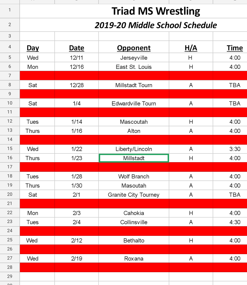 Unfortunately, the schedule I sent home with your wrestlers was wrong. Here is the correct schedule. We hope to see you tomorrow!