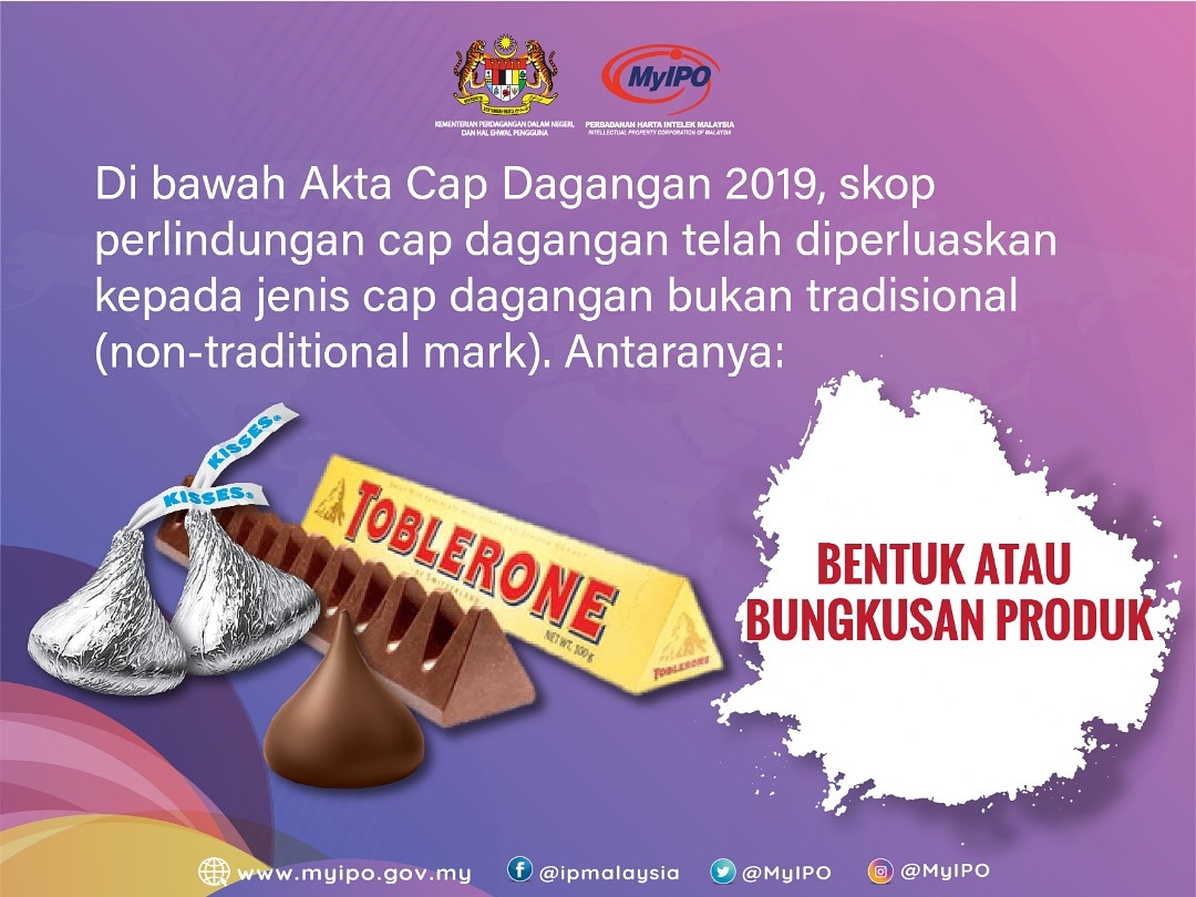 myipo's tweet image. Bermula 27 Disember ini, usahawan di negara ini bole mendaftarkan bentuk produk atau bungkusan mereka untuk dilindungi di bawah #trademark . Kunjungi cawangan MyIPO yang berhampiran.

Admin - sedap coklat Toblerone ni. Tapi jangan cuba-cuba nak tiru ya.

#madridprotocol #ACD2019
