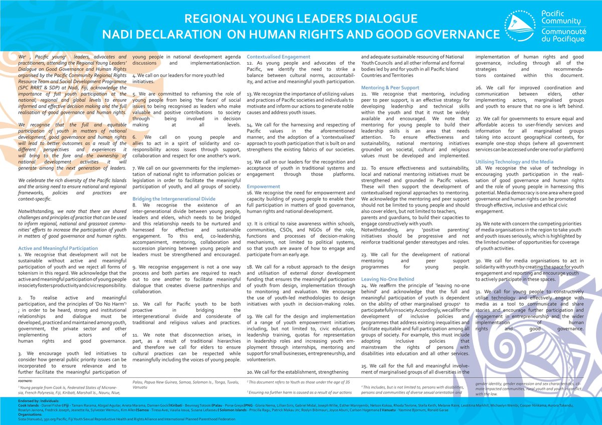 spc_cps's tweet photo. #DYK Young Leaders from 15 PICs signed the Nadi Declaration on Human Rights & Good Governance in October 2019, #strengthenedyouthvoices recognising young people’s participation in matters of national/regional development. #InspireEngageTransform More: https://t.co/gMCL8ukAum https://t.co/ccUzGClrBR