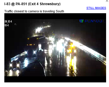 REACT6123's tweet photo. Interstate I83 remains closed at exit4 at this hour. All traffic must exit and then go up the NB on ramp to re-enter the highway. Hoping to see traffic movig normally very soon. https://t.co/Uyu1DwSrNW