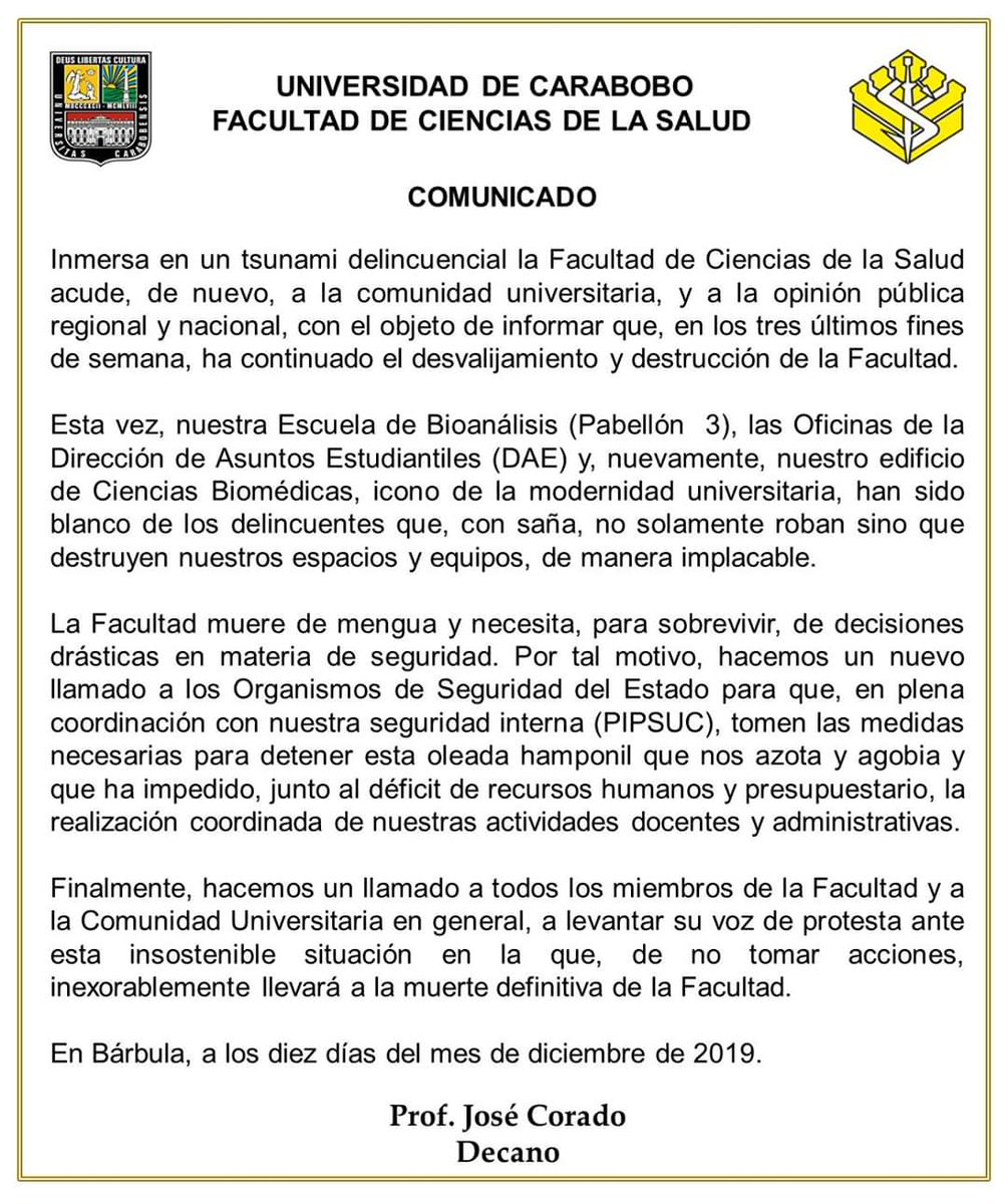Comunicado de la Facultad de Ciencias de la Salud dirigido a la comunidad  universitaria, y a la opinión pública regional y nacional, ante la insostenible situación que en materia de inseguridad afecta nuestra casa de estudios.