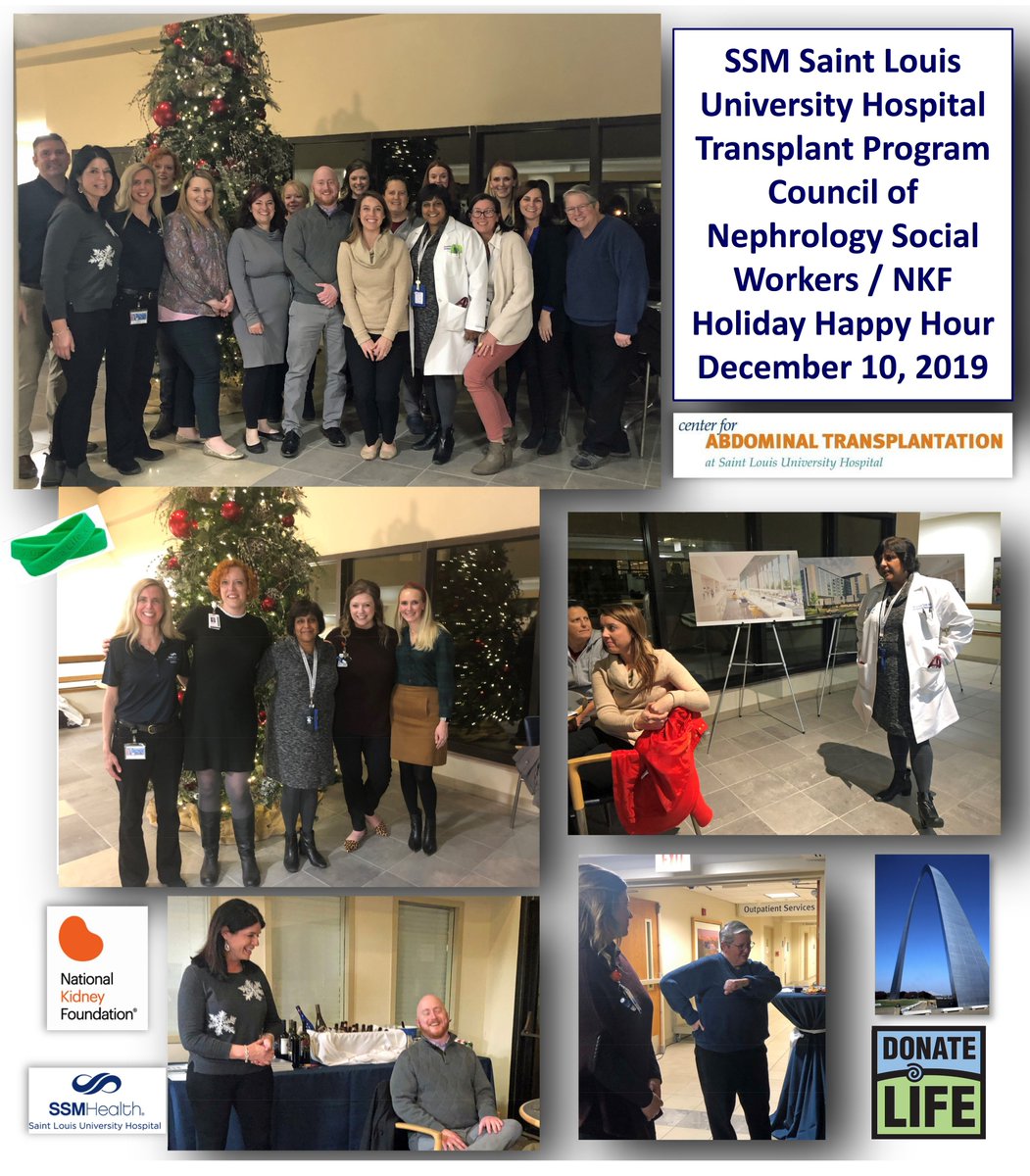 KristaLentine's tweet photo. Thank You 🙏#CNSW & @kathdavisr for joining @SLUHospital #TransplantProgram 2019 Holiday Happy Hour.🎄Appreciate collaborative efforts to increase access to #transplantation for #KidneyPatients in our #StLouis community. @nkf @SSMHealthSTL #BigAskBigGive #NephrologySocialWork https://t.co/kOtwBqS3Rb