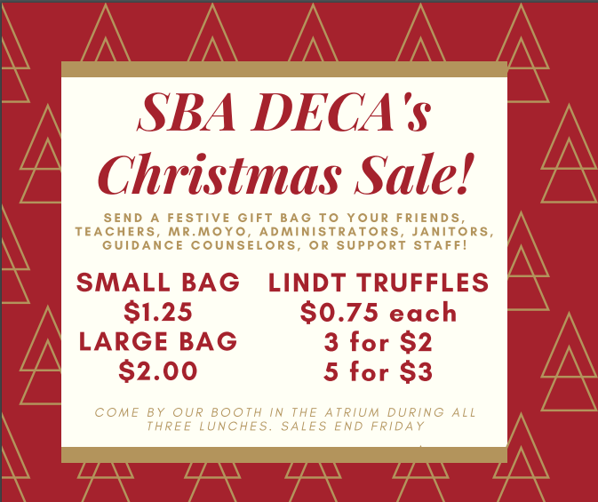 SBA_DECA's tweet photo. Hey SBA, come down to the atrium to join 
@SBA_DECA for our Secret Santa event. Send a candy gram to a special someone, friends, @MeltonMoyo, teachers, vice principals, @SBAGuidance, janitors, administrative assistants, or support staff and share holiday cheer. 🎅🏼@SBAtoday 🎄 https://t.co/GAMStPSjTJ