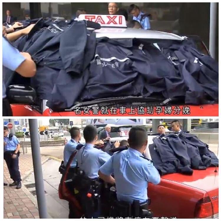 truthseekerhk's tweet photo. Policemen took off their jackets to cover the taxi as a woman was given help by a policewoman to deliver baby in it. I salute you HK Police👍🏻👍🏻👍🏻👏🏻👏🏻👏🏻 https://t.co/n4TWslW2SP