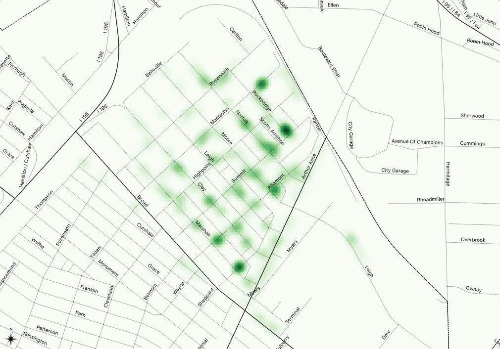 Jeremy Hoffman (@jer_science) on Twitter photo Thanks to <a href="/vcusustain/">VCU Sustainability</a> and <a href="/vcuenvs/">Center for Environmental Studies</a>, we have a student-generated tree map of <a href="/ScottsAddition/">Scotts Addition Boulevard Association</a>! This is my lazy "shade density" map using simple clustering of tree locations weighted by height. Tons of little baby trees in there, in large part thanks to <a href="/LeeSiff/">Lee Stewart</a>! More to come... Thanks to <a href="/vcusustain/">VCU Sustainability</a> and <a href="/vcuenvs/">Center for Environmental Studies</a>, we have a student-generated tree map of <a href="/ScottsAddition/">Scotts Addition Boulevard Association</a>! This is my lazy "shade density" map using simple clustering of tree locations weighted by height. Tons of little baby trees in there, in large part thanks to <a href="/LeeSiff/">Lee Stewart</a>! More to come...