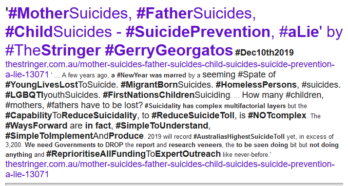 WgarNews's tweet photo. @NspTrp @RobRobbEdwards @WhteRbbnAdvocat @paulinehollywoo @janettj777 @Triplejay58 @Penny_MadamLash @Michz45 @MorpheusBeing @lynlinking @LadyPoop2 '#MotherSuicides, #FatherSuicides, #ChildSuicides - #SuicidePrevention, #aLie' by #TheStringer #GerryGeorgatos https://t.co/L1J8txLX2Z '#CapabilityToReduceSuicidality, to #ReduceSuicideToll, is #NOTcomplex. #WaysForward R inFact, #SimpleToUnderstand, #SimpleToImplementAndProduce' https://t.co/pjxC4bgkn8