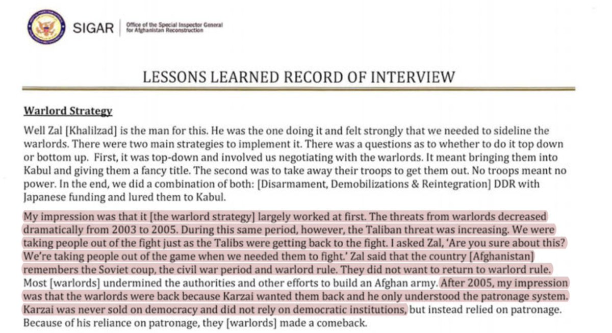 Hadley blames Karzai for relying on patronage and not democracy. Maybe he just needed to believe strong enough in democracy, but maybe he knew his country better than the US did, especially since our leaders admit we knew nothing? 109/n