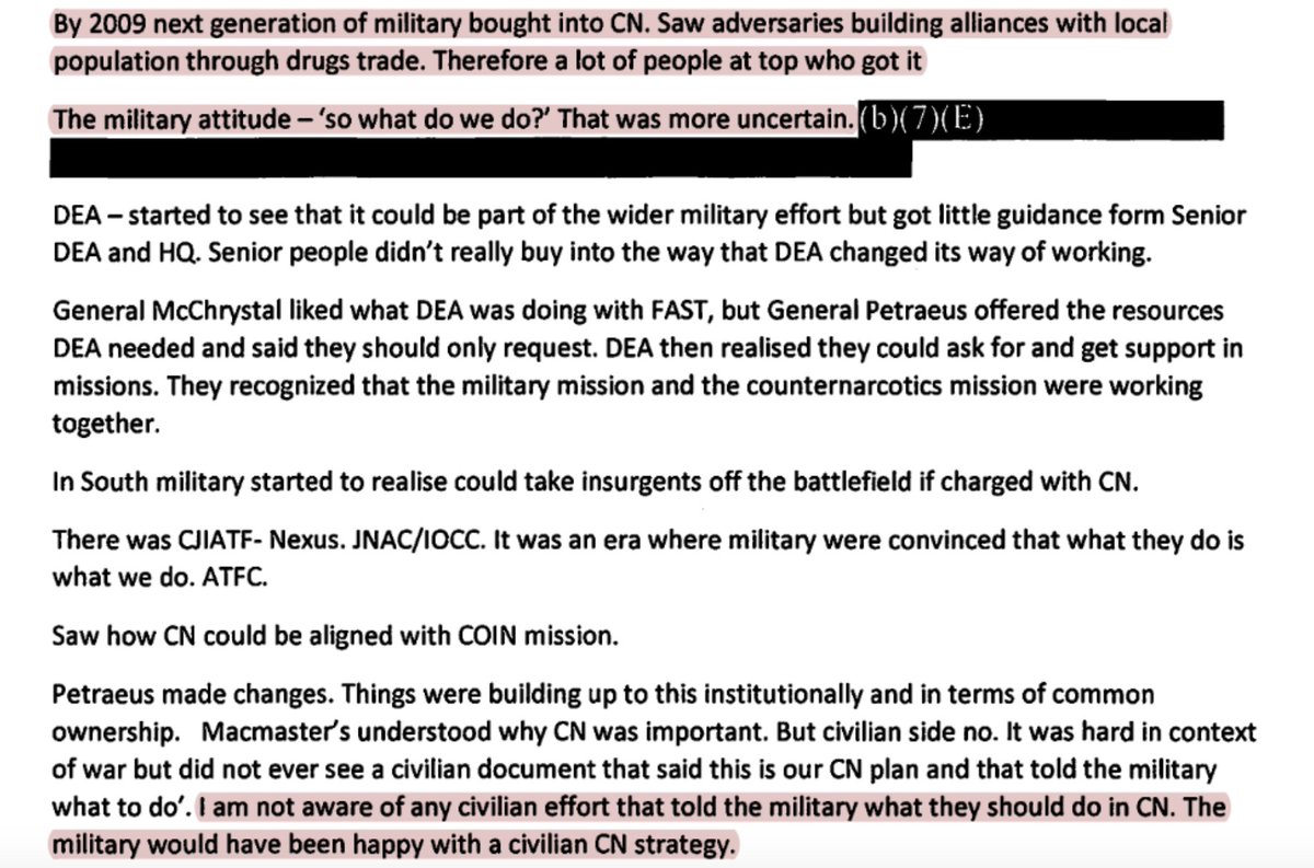 So while earlier in the war the military did not want to do counter-narcotics, by 2009 they had switched positions under Petraeus who wanted to do everything. Violence went up under his command. 110/n