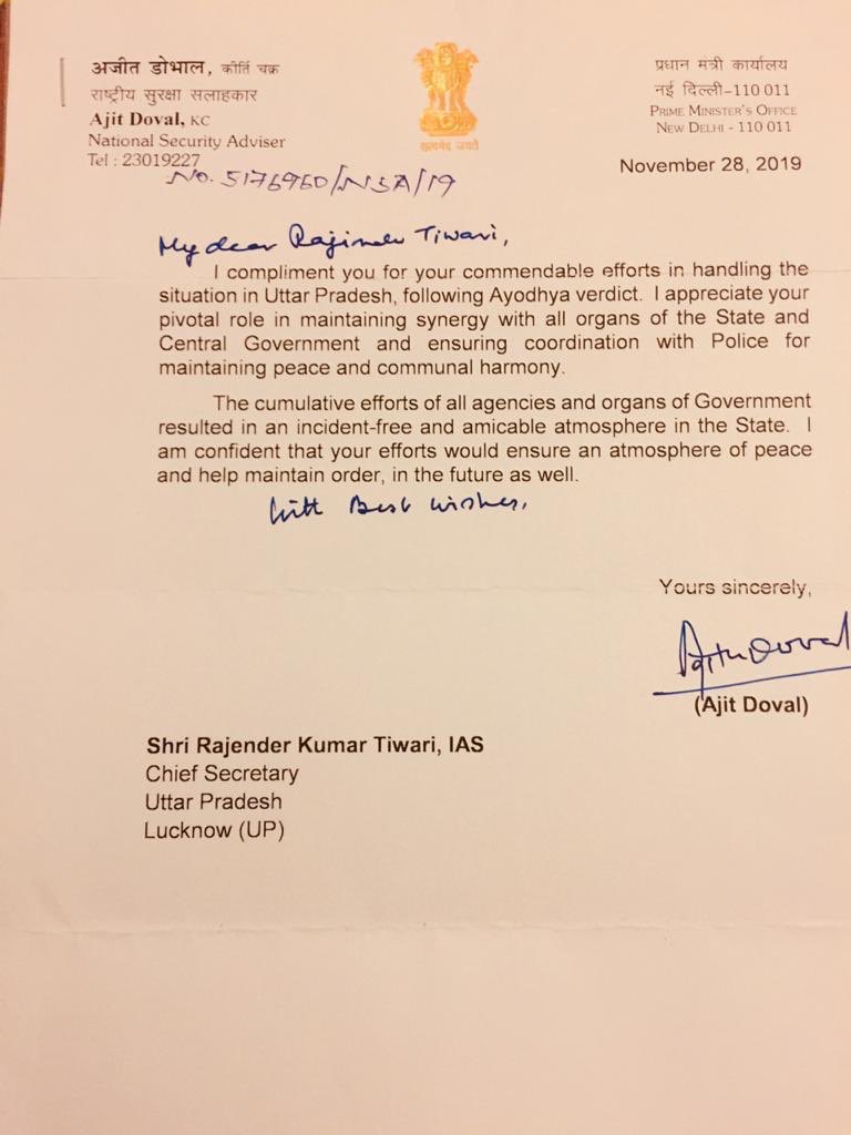 aap_ka_santosh's tweet image. #NSA @TheAjitDovalNSA appreciates  @UPGovt @ChiefSecyUP for synergy with all organs of state maintaining peace nd harmony on #ayodhyajudgment .@gyanu999 @Uppolice @dgpup