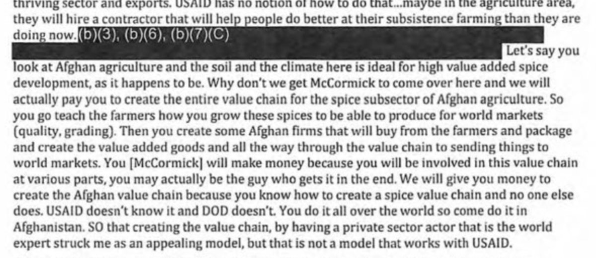 Officials often ask why couldn't the US just find out what grows best in Afghanistan and teach the farmers there to grow it? Seems like Afghan farmers had already done a fine job of figuring out what was the most profitable crop for their country, and it was opium. 112/n