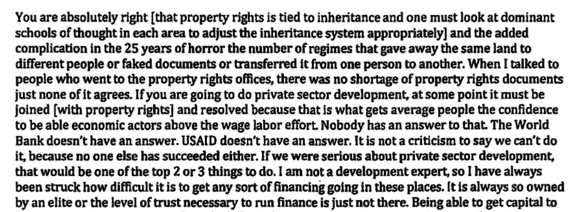 Regarding property rights, Afghanistan does not lack documents, the problem is that none of them agree about who owns what. 113/n