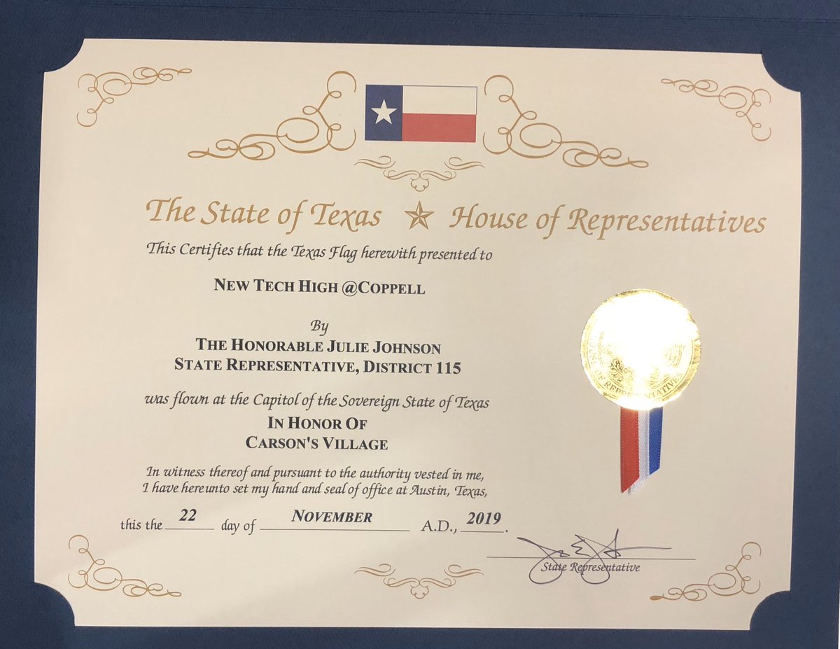 antraasa's tweet photo. Thank you, @juliejohnsonTX for providing the @NewTechCoppell Rookies with a #Texas flag flown over the state Capitol to honor their cause - @CarsonsVillage. #poetryslam #slammingforacause #cisdourstory #youmatter @Coppellisd #SavedByThePBL @newtechnetwork https://t.co/p3Eag6QNwU