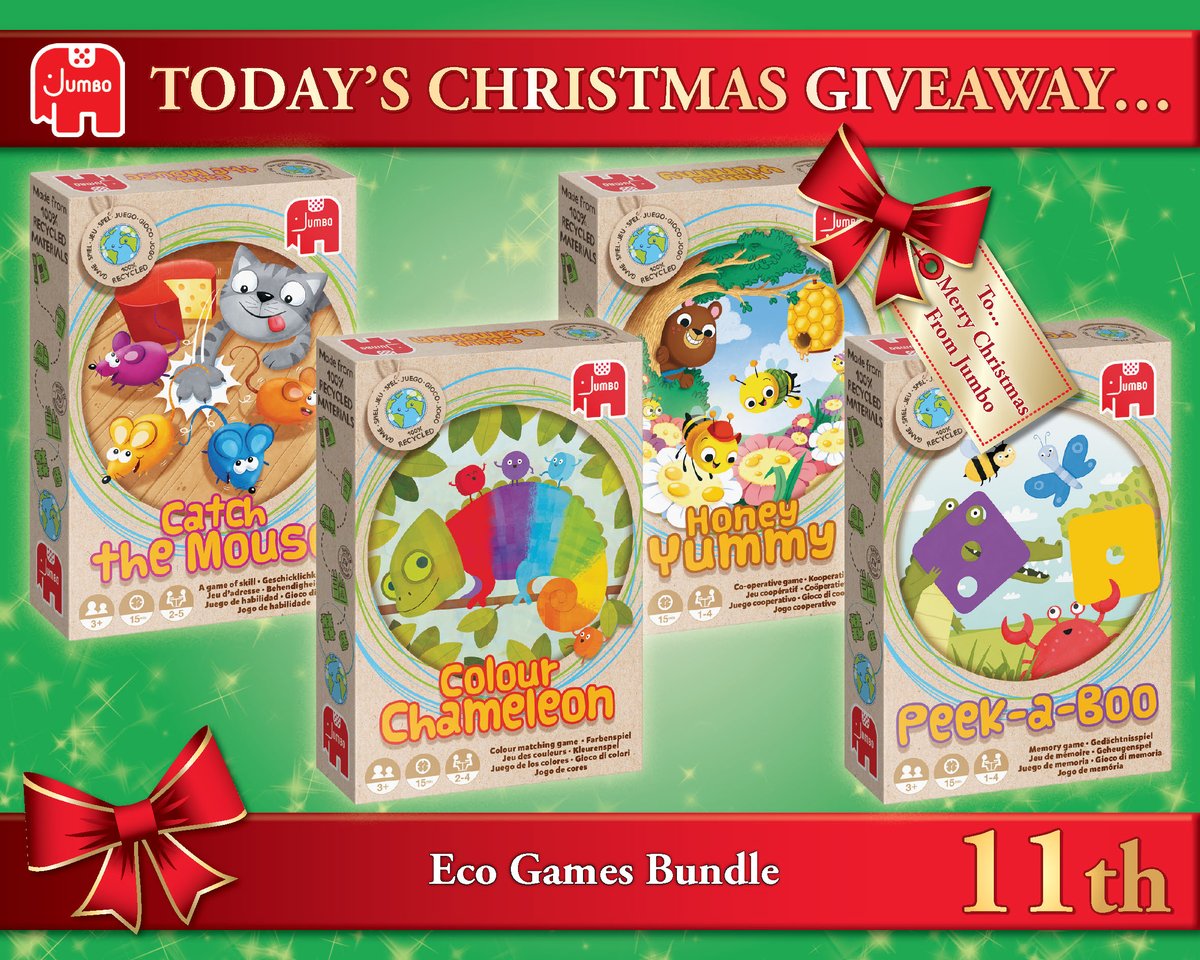 Today's #AdventGiveaway is our beautiful set of Eco-Games which include; Catch the Mouse, Colour Chameleon, Honey Yummy and Peek-a-Boo. 

If you want to enter the giveaway, head over to our Facebook Page and enter... good luck 🧩🎁🎄

facebook.com/JumboGames/