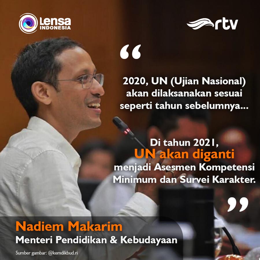 lensaRTV's tweet photo. Gebrakan baru dari Menteri @kemdikbud.ri nih, Ujian Nasional akan dihapus pada tahun 2021. Gimana menurut Sahabat Lensa? π€π€π€
.
.
#un #undihapus #hapusun #ujiannasional #un2019 #mendikbud #kemdikbud #nadiem #nadiemmakarim https://t.co/aU0NkRdnA8
