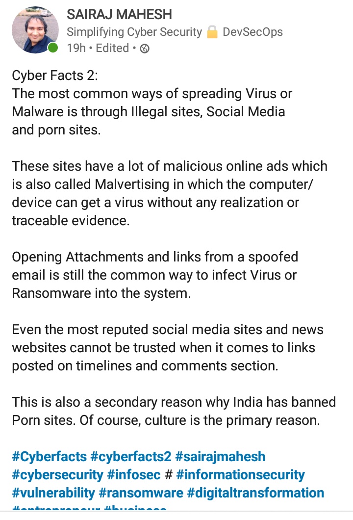 sairajmahesh's tweet image. Hello Friends 😍
 I have started a series called #cyberfacts where I&apos;m writing about less known about Cyber Security 🔐  #cyberfact2 by #sairajmahesh #infosecurity #cybersecurity #DataMustFall #CyberMonday #SecurityOfficer