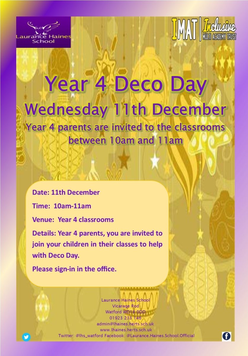 LHS_Watford's tweet photo. Year 4 parents, you're invited to your child's class TODAY between 10-11am, for #decoday. Please sign-in in the office.
If you have cookie cutters at home, please send children in with them. @MissTobieLHS @HeadLHS https://t.co/GHLZcWMDWB
