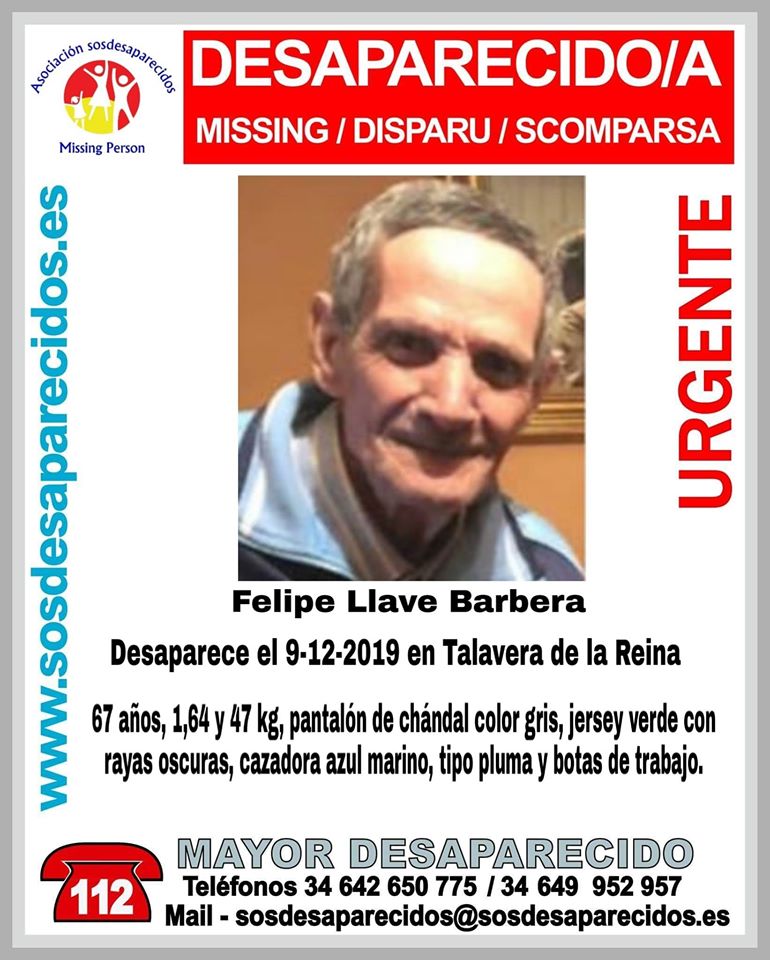 🆘 #MuyUrgente ⚠️

Este es Felipe, un #mayor que ha #desaparecido en #TalaveradelaReina
#Toledo ¿Lo has visto?

☎ #062
☎ 112
☎ 091

#Colabora; tu RT no cuesta nada y puede ayudar mucho.