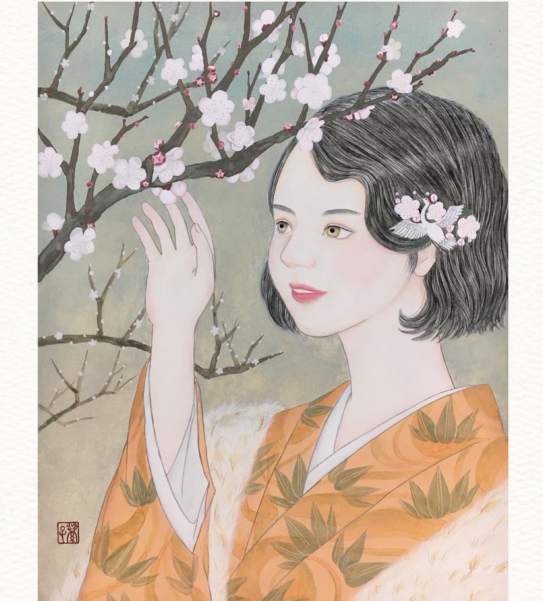 野沢 栄子 梅の花を愛でる着物女子 年賀ハガキの絵はこれにしようかな 日本画 岩絵の具 胡粉 美術 Art アート 絵画 Japanesepainting 女の子イラスト 美人画 人物画 イラスト 着物女子 大正ロマン T Co Jruwvhnql8