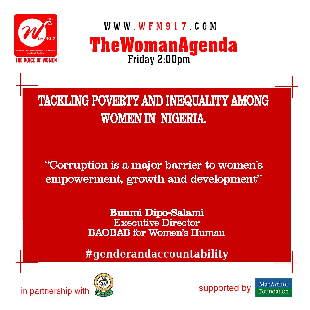 wfm917's tweet photo. #TheWomanAgenda is an initiative of Women Radio 91.7 under the #genderand accountability project and supported by MacArthur Foundation
@macfound @wrapang
@womenadvocacy @advocacynigeria1 @cirrdoc @IWCC @womenfundng
#genderandaccountability
#TheWomanAgenda
#corruption https://t.co/acqWuv3Prb