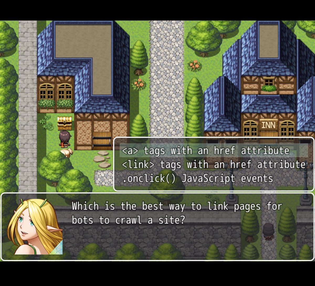 The SEO RPG game from @AlexisKSanders can be highly educational not even only for SEOs but for those teams working with us, ehem, developers 😏🤗 I’m sending this screenshot to one 😂