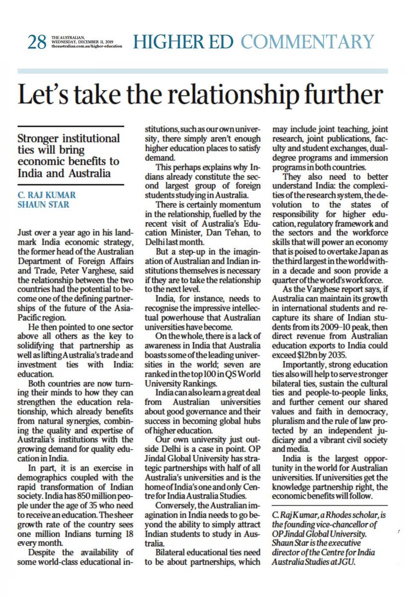 JindalGlobalUNI's tweet image. #JGU VC Prof (Dr) C Raj Kumar and @ShaunJStar write about #knowledgepartnership between #India and #Australia and the #economic benefits that could follow in The @australian .
#highereducation #internationalcollaboration #globalpartnership #universities