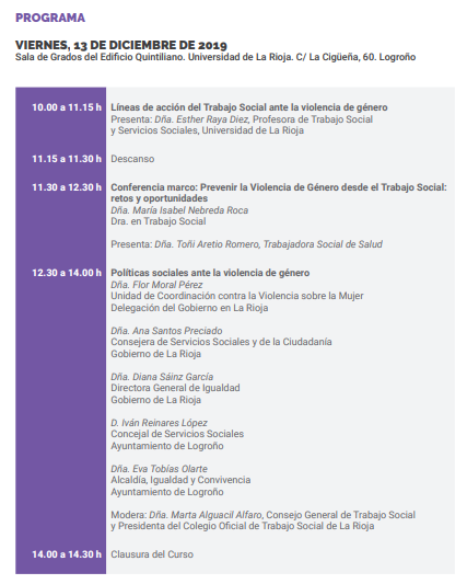 TSUnirioja's tweet photo. El próximo #Viernes13 tendrá lugar la última sesión del título #TrabajoSocial ante la #ViolenciaDeGenero dentro de la oferta formativa de @FundacionUR En horario de 10 a 14:30 te esperamos en la #SalaGrados #EdificioQuintiliano @unirioja
El programa completo en la foto 📸 https://t.co/w7agKVdwDC