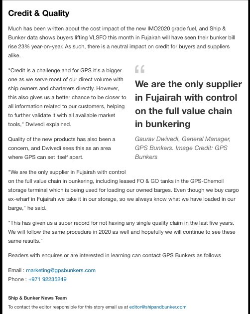 Ship &amp; Bunker interview with GPS Bunkers General Manager, Mr. Gaurav Dwivedi

Ship &amp; Bunker "The world's most read marine fuel-focused publication"
Vancouver - Canada 

#bunkering #marinefuel #imo2020 #gpsbunkers #Fujairah