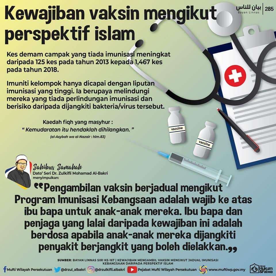 KKMPutrajaya's tweet photo. "Pengambilan vaksin berjadual mengikut Program Imunisasi Kebangsaan adalah wajib ke atas ibu bapa untuk anak-anak mrk.

Ibu bapa dan penjaga yang lalai drpd kewajipan ini adalah berdosa apabila anak-anak mereka dijangkiti penyakit berjangkit yang boleh dielakkan". - Mufti WP. https://t.co/Jcfz5nFvmG