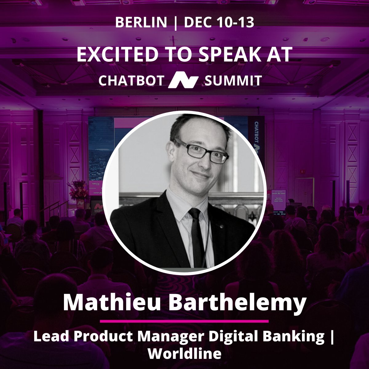 MateoB38's tweet photo. Interested in bots and about the challenges to take up to provide a conversational banking experience ?  I’ll be making a short pitch on this exciting topic @ChatbotSummit Berlin today ! Come and meetup on our booth to exchange on this topic ! #ChatbotSummit  #Worldline https://t.co/CQSHLZ5vgO