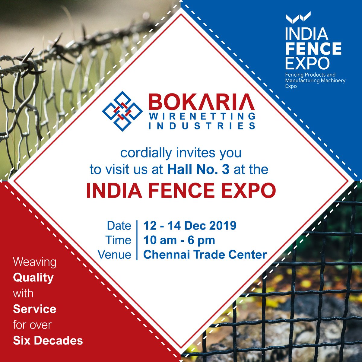 bokariawire's tweet photo. What a better way to introduce the #AllNewBokaraWirenettingIndustries at the biggest fencing expo to ever happen in India. Come and visit us at the #IndiaFenceExpo from 12-Dec-2019 to 14-Dec-2019 @HallNo3 from 10:00 A.M to 18:00 P.M at #ChennaiTradeCenter!
#IndiaFenceExpo https://t.co/dHbAuqmTHU
