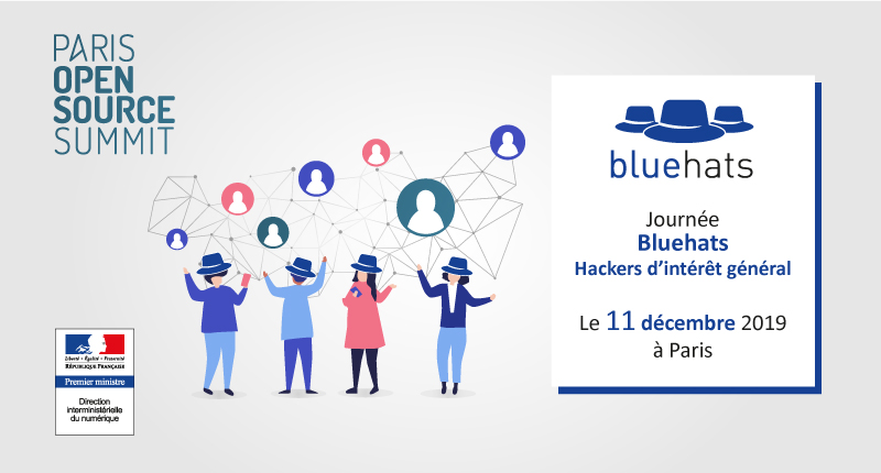 Une illustration avec quatre personnes qui portent des chapeaux bleus et un réseau de traits qui les relient entre elles et avec des bulles représentant d'autres personnes. Un encadré porte la mention "Journée Bluehats, hackers d'intérêt général, le 11 décembre 2019 à Paris". 