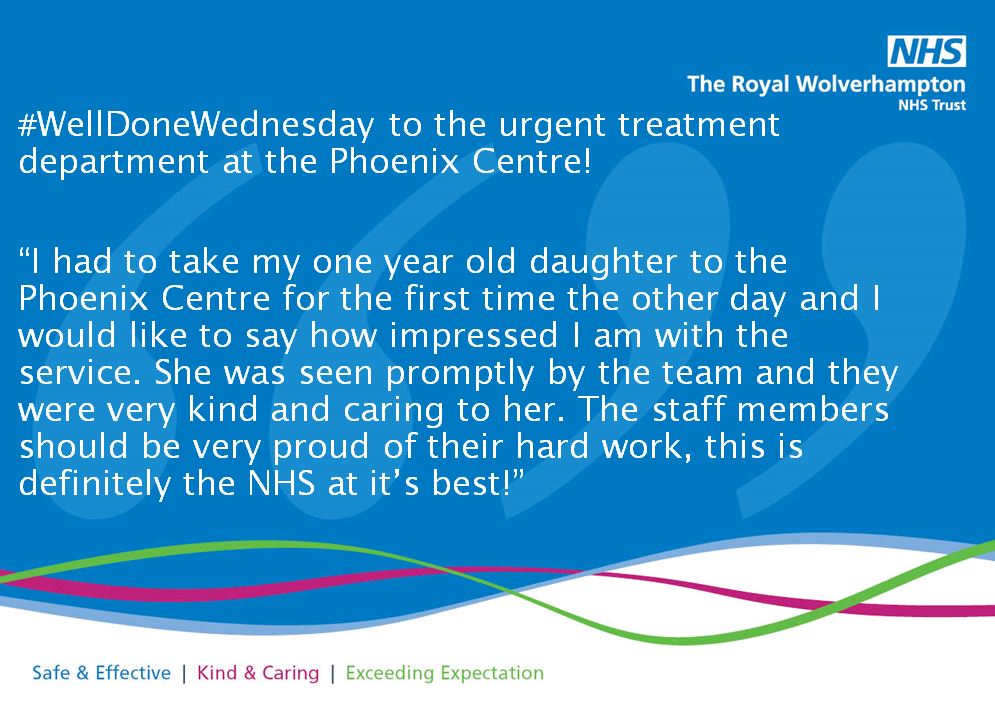 RWT_NHS's tweet photo. #WellDoneWednesday to the urgent treatment department at the Phoenix Centre! 👍😀🎉

#Excellentfeedback #Wednesdaymotivation #NHS https://t.co/rxzPufUDgg