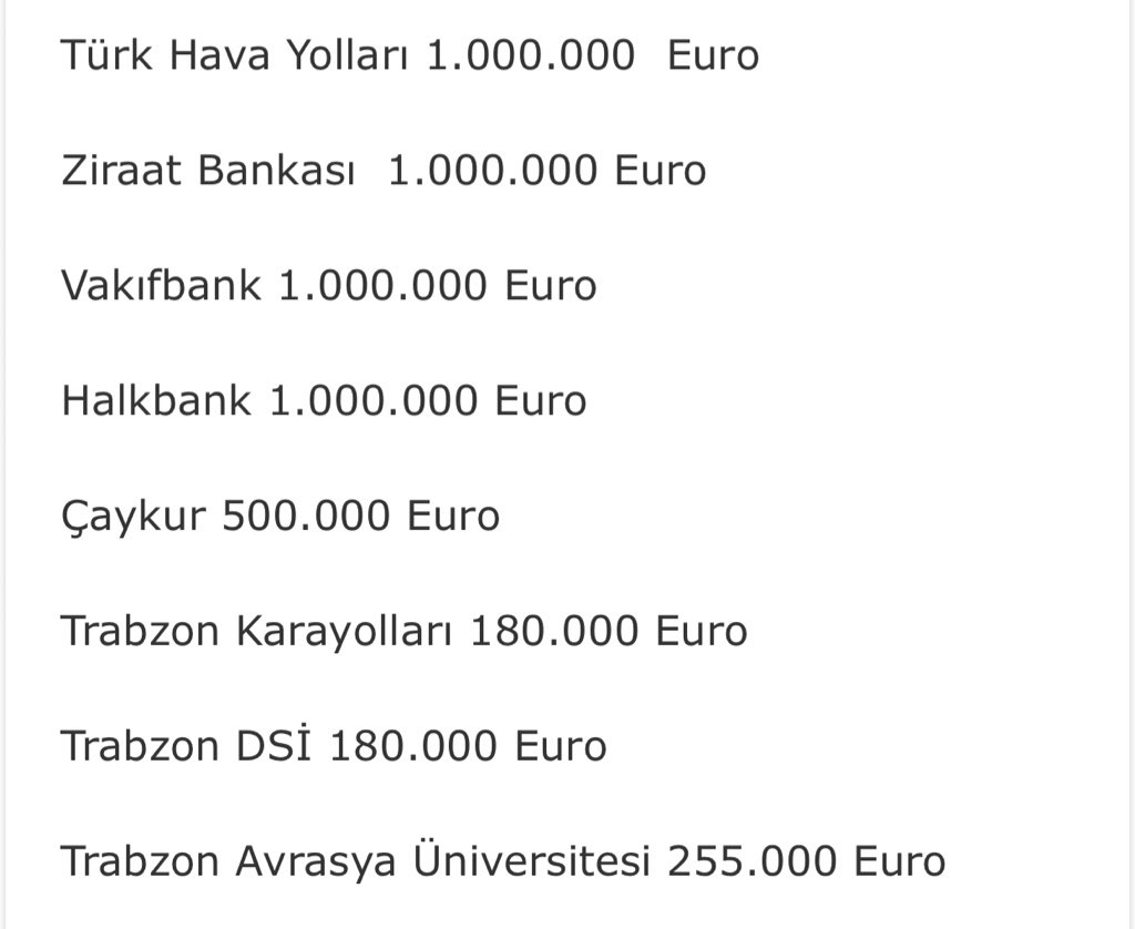 Trabzonspor dava ediyormuş beni ve başka arkadaşları. Peki. Bir de şunun için dava etsinler. Aşağıda Trabzonspor’dan loca alan kamu kuruluşları var. 

✅Soru 1: Bu kamu kuruluşları başka kulüplerden de loca aldı mı? 
✅Soru 2: Bu loca fiyatları normal mi?