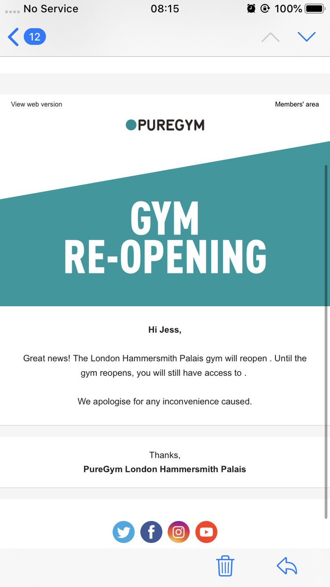 Jess_Todd_'s tweet photo. @PureGym I received this email this morning so missed my 6.45am class as wasn’t clear on whether the gym would be open - please can I be prevented from receiving a ‘missed class’ on my account? https://t.co/K314svgi21