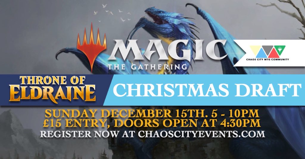 ChaosCityStA's tweet photo. It's time for our monthly draft! But since it's December, it's time for our special Christmas Event!. For this month, we're drafting Magic's latest set, but in a whole new fashion. A Rochester Draft!. Head to the site below for full details and to register! @wizards_magic #MTGTOE https://t.co/sPgY9Bp3yo