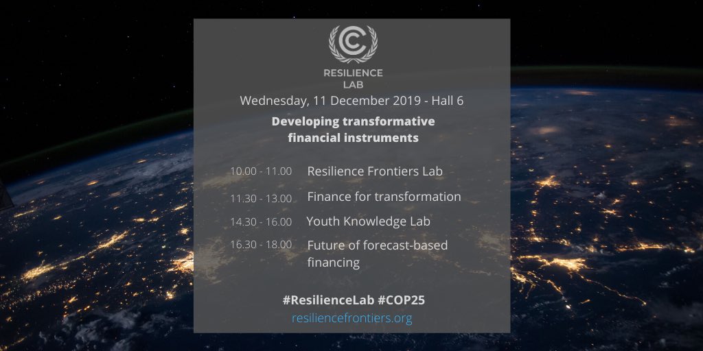 AProfJNalau's tweet photo. Today we are discussing #transformativefinance at the #ResilienceLab: new approaches, new thinking, #innovation. Find us in hall 6, kicking off 10 am with @meghanpdoherty and other experts. #COP25 #COP25Madrid @AdaptXChange #climateadaptation #climate #frontiertechnologies https://t.co/5ZS8iivqEf