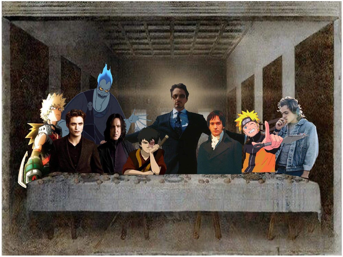 brandi_mudd's tweet photo. Inspired by @kozo_tattoo, I decided to make my own little edit for fun! Who would be at your table? 🍽 #edits #lastsupper  #RobertPattinson #bakugoukatsuki #hades #jameswoods #dantebasco #RobertDowneyJr #matthewmacdayden #NARUTO #billy #dacremontgomery #snape #tonystark https://t.co/UUcI1YmF1R