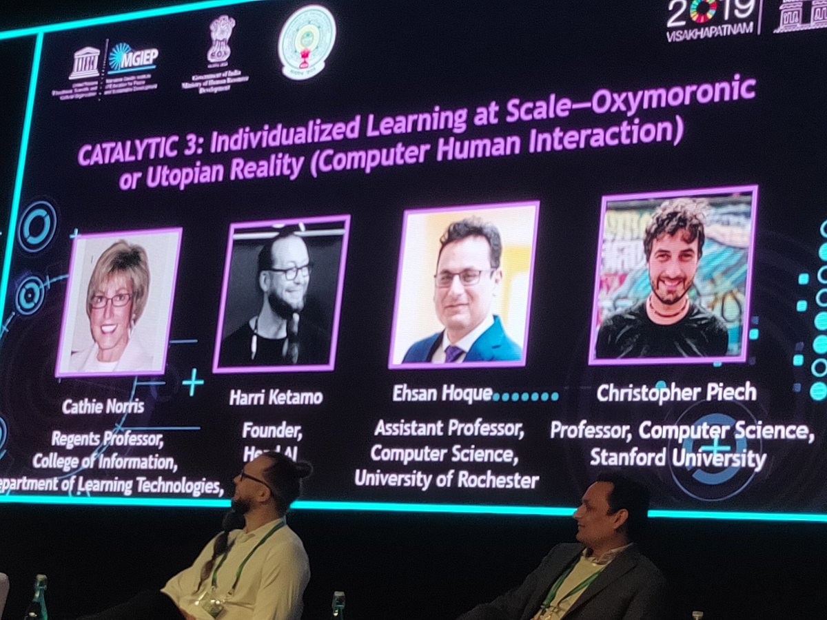 ehsan_hoque's tweet image. Panel on using AI to enable individual learning at scale w/ @HKetamo, @chrispeich &amp;amp; Cathie Norris, organized by @unesco_mgiep at Vizag, India. The audience are local educators who are eager (and equally afraid) to integrate technologies to augment teaching. #Tech2019