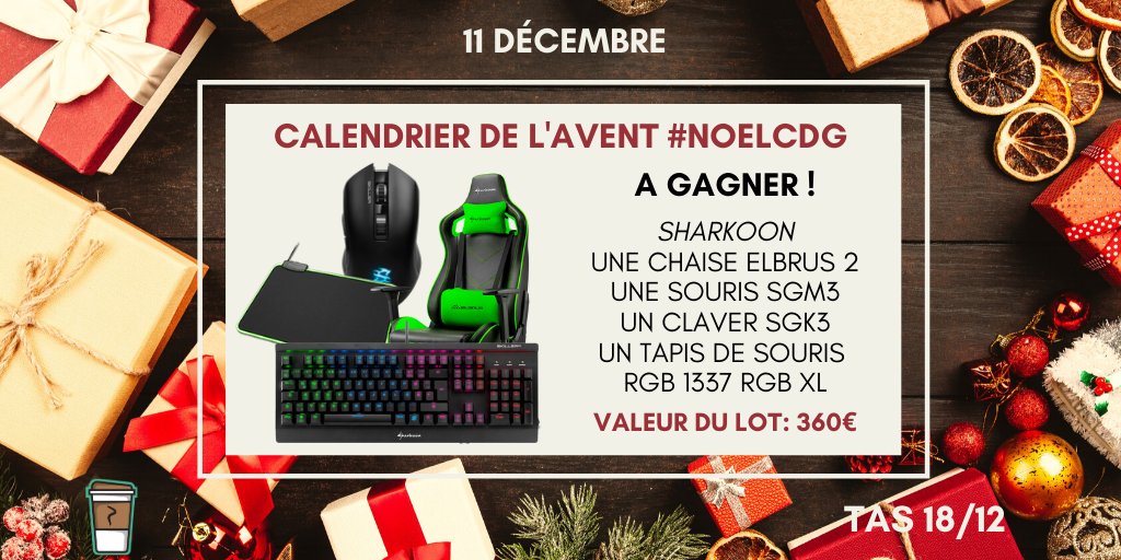 #Concours #NoeLCDG Jour 11
ALORS LÀ !? Si tu veux changer ton Setup, c'est maintenant ou jamais !

Pour participer : 
➡️RT
➡️Follow <a href="/LeCafeDuGeek/">Le Café du Geek - LCDG</a> et <a href="/SharkoonNews/">Sharkoon Technologies</a> 
➡️Quel est pour toi le jeu de 2019 ?

TAS : 18/12