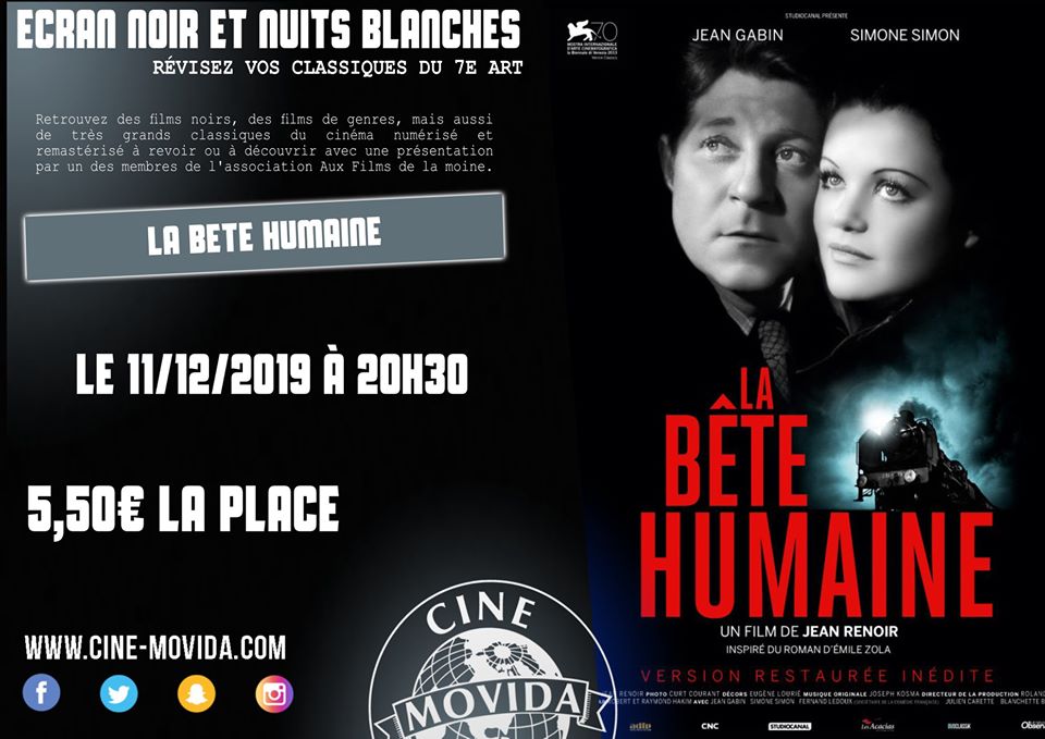 Ce soir, 20h30, "La bête humaine" dans nos séances "Ecran noir et nuits blanches" ! 5,50€ la place !