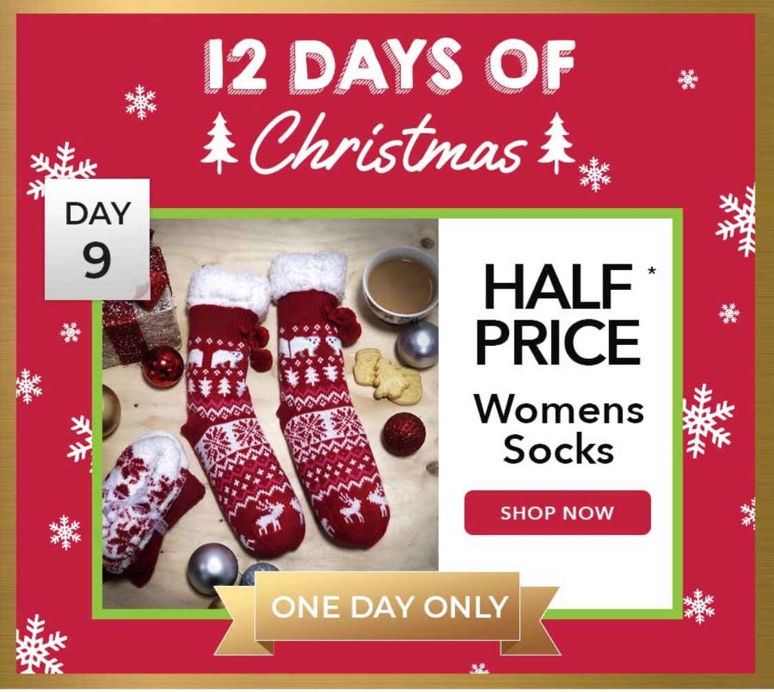 jemmaknight's tweet photo. 🌟Day 9🌟
HALF PRICE women’s socks 
🎄TODAY ONLY 🎄
#peacocks #peacockssheerness https://t.co/Vl8836iZZm