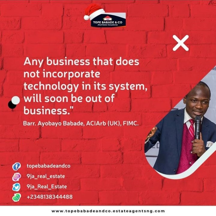Babadetide's tweet photo. "Any business that does not incorporate Technology into its system, will soon be out of business" - Ayobayo Babade. 

#Business
#Technology
#system
#techmeetslagos
#Babade
#RealEstate
#realestateagent
#realestateforsale
#realestatelawyer
#realestateguru
#RealEstateNigeria
#CofO https://t.co/5NIOxidN22