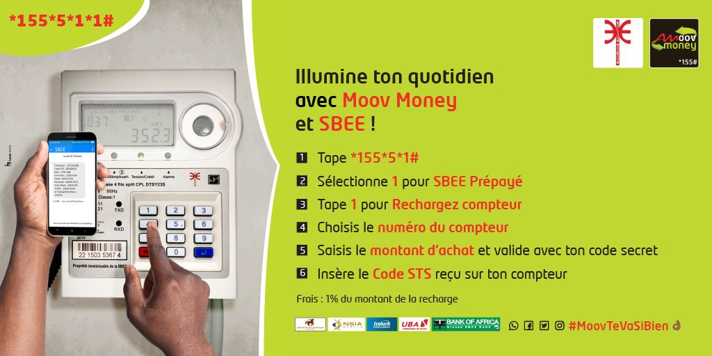MoovAfricaBenin's tweet photo. Tentez de gagner une recharge pour compteur prépayé SBEE d'une valeur de 5.000 FCFA en répondant à la question suivante : "Citez trois avantages qu'il y a à acheter de la recharge pour compteur prépayé SBEE via #MoovMoney"

Fin :12/12/19 à 16h00

#MoovBenin #MoovTeVaSiBien👌🏾 https://t.co/FZObuvIEvF