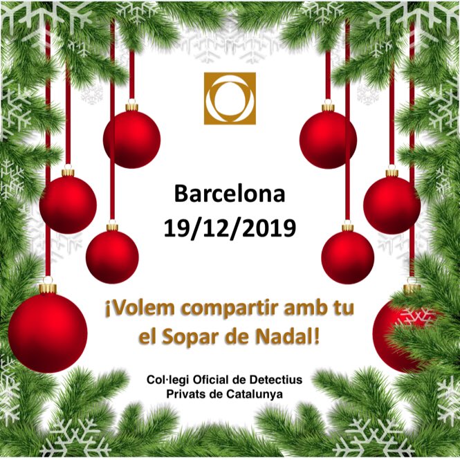 codpcat's tweet image. Volem compartir amb tu el tradicional Sopar de Nadal!
Ja siguis Col·legiat com a Company Detectiu ens trobem tots el 19/12/2019 a les 21:00h a Barcelona.
Posa&apos;t en contacte amb el @codpcat per a inscriure&apos;t.
Brindarem per un nou any! #Detectius #BonNadal #Feliç2020