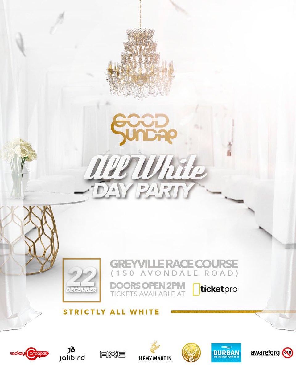 GoodSundae's tweet image. 🚨 ALL WHITE LAUNCH 🚨

#AllWhiteDayParty experience like no other for Durban by @goodsundaeeventproductions 

📆 SUNDAY 22 DECEMBER 2019
📍Greyville Race Course 
🕑 Doors open @ 14:00 
  
‼️Limited Tickets available @Ticketpro
📧 For Table bookings : redkeyconcepts@gmail.com