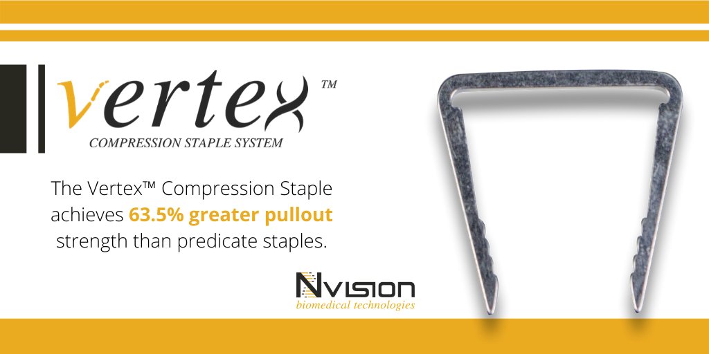 The Vertex™ Compression Staple achieves 63.5% greater pullout strength than predicate staples. Learn more about the compression staple stream at bit.ly/2O9quQ3. #Vertex #fixation #medicaldevices