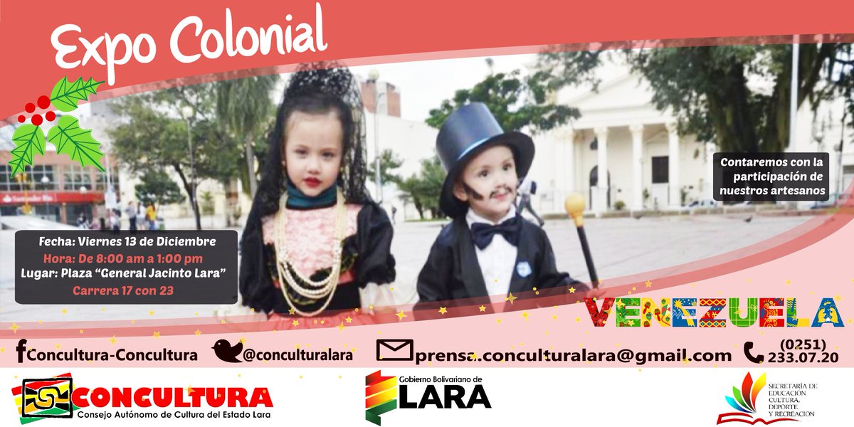 #11Dic Te esperamos este viernes #13Dic en la plaza Jacinto Lara de Barquisimeto donde podrás compartir con los cultores, artistas y creadores de la Expo Colonial Lara 2019. <a href="/gestionperfecta/">Carmen Meléndez</a> <a href="/NicolasMaduro/">Nicolás Maduro</a> <a href="/dcabellor/">Diosdado Cabello R</a> #TodoPorTiLara #LaraPotenciaCultural